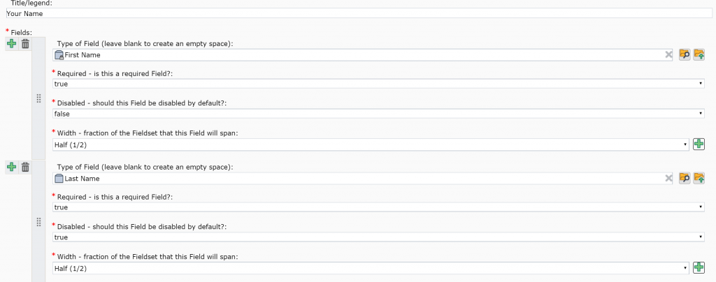 A content author sets the width of the field as fractions of full, half, 1/3, or 2/3 