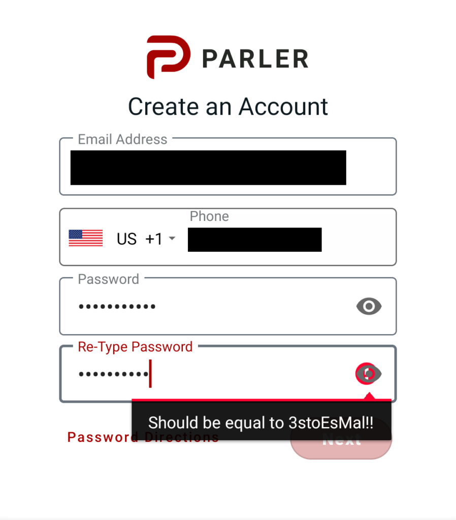Parler tooltip revealing the password