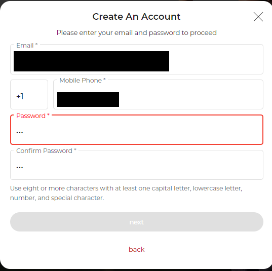 Parler Desktop Registration  with a password constraint showing only a red border for a field