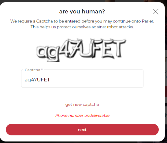 Parler Registration Captcha, which shows "Phone number undeliverable" at the bottom