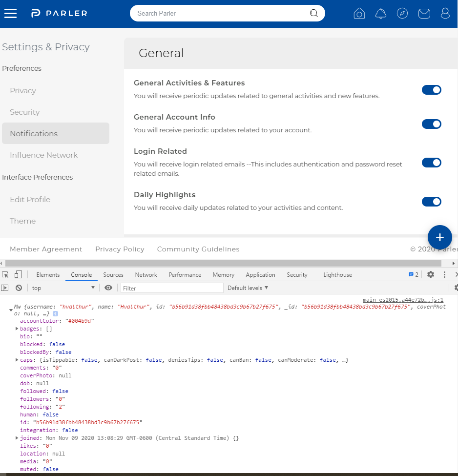 My profile information is logged into the console; this seems to include ALL information