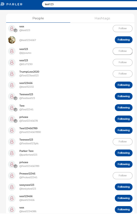 Parler test accounts, not all of which are private