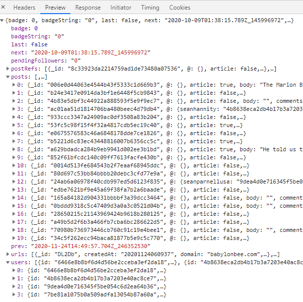 Preview of the response to the API call 