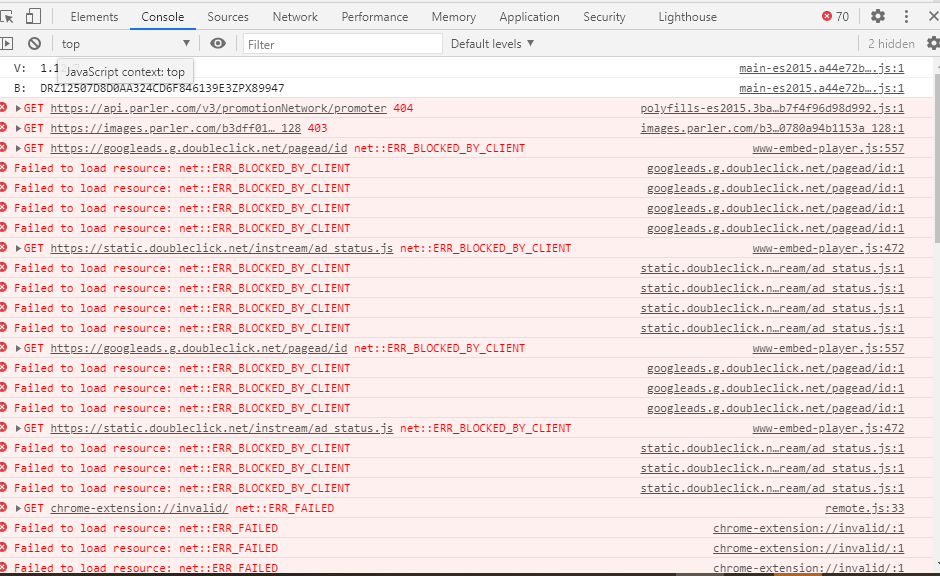 the console of Brave when ad/privacy tracking is cranked up shows a lot of red