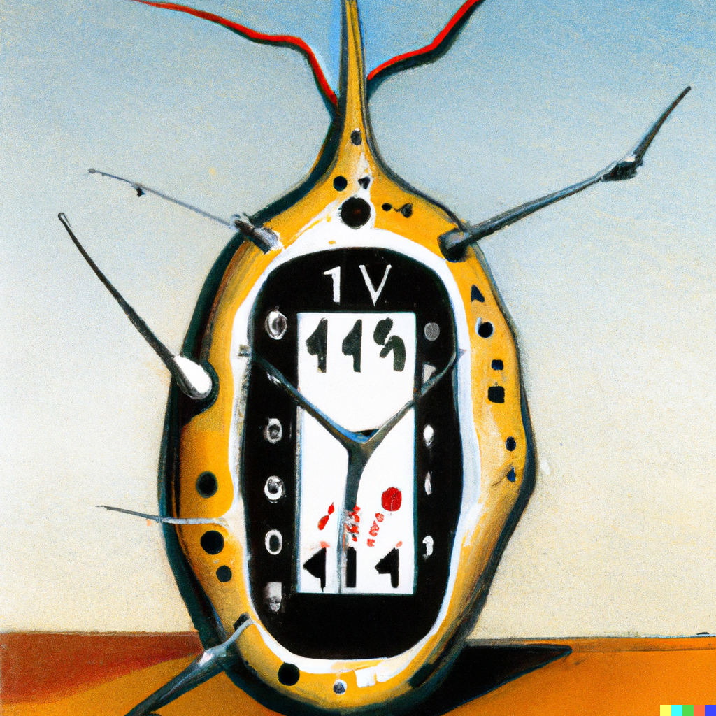 A Salvador Dali style painting of a digital clock where it looks like an analog clock forgot numbers and grew weird assymetrical antennae as legs