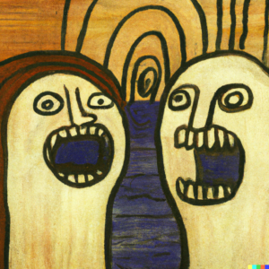 A weird painting of two humanoids maybe screaming in each other's general direction