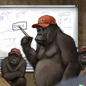 Gorilla in a trucker hat standing at a whiteboard with other primates nearby. It illustrates the absurdity of what we're about to do.