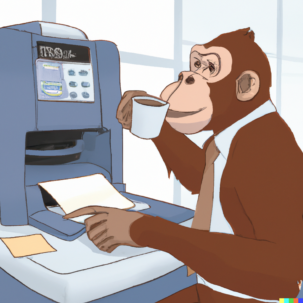 a monkey gleefully sipping a cup of coffee at a copy machine