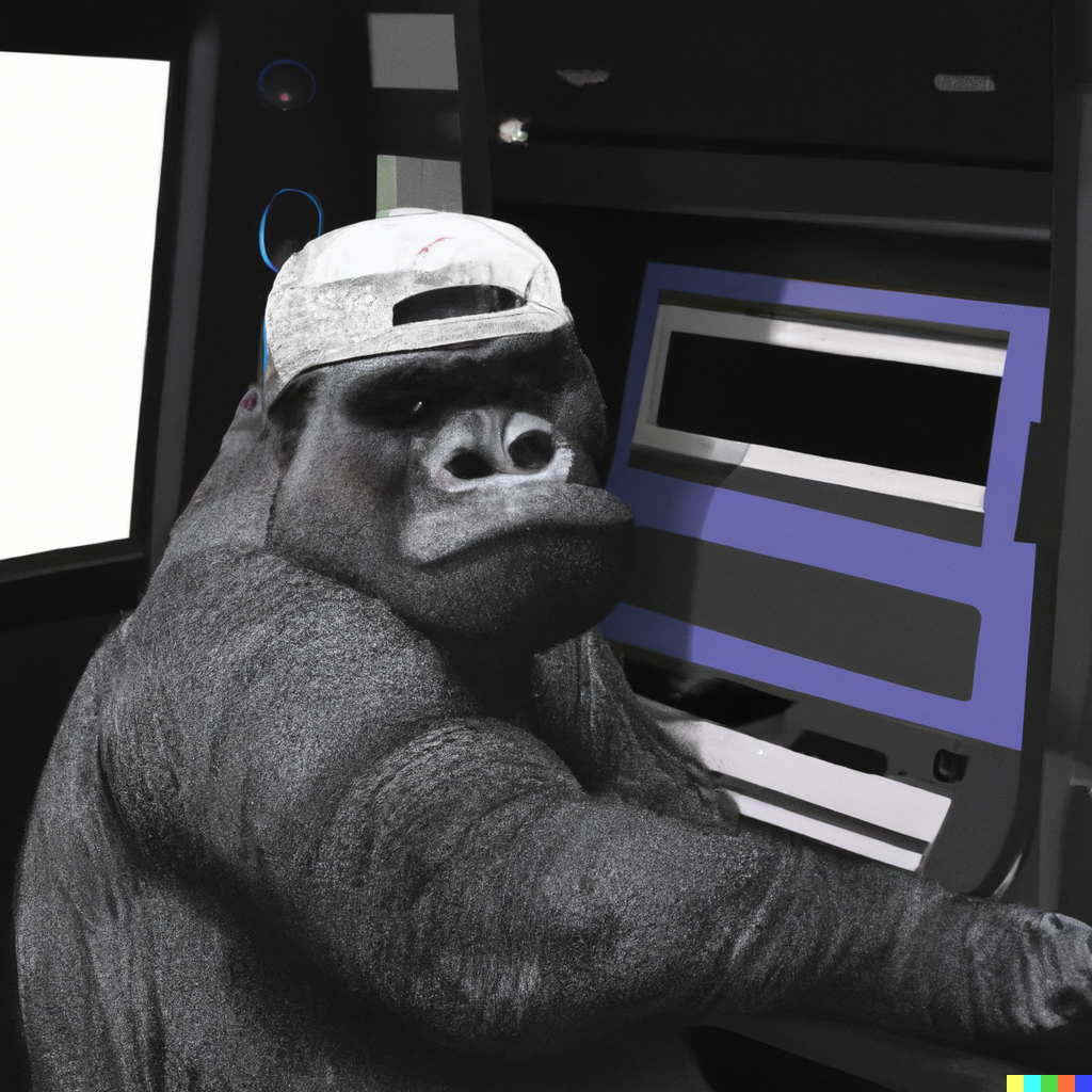 Gorilla wearing a backwards trucker hat at a terminal.