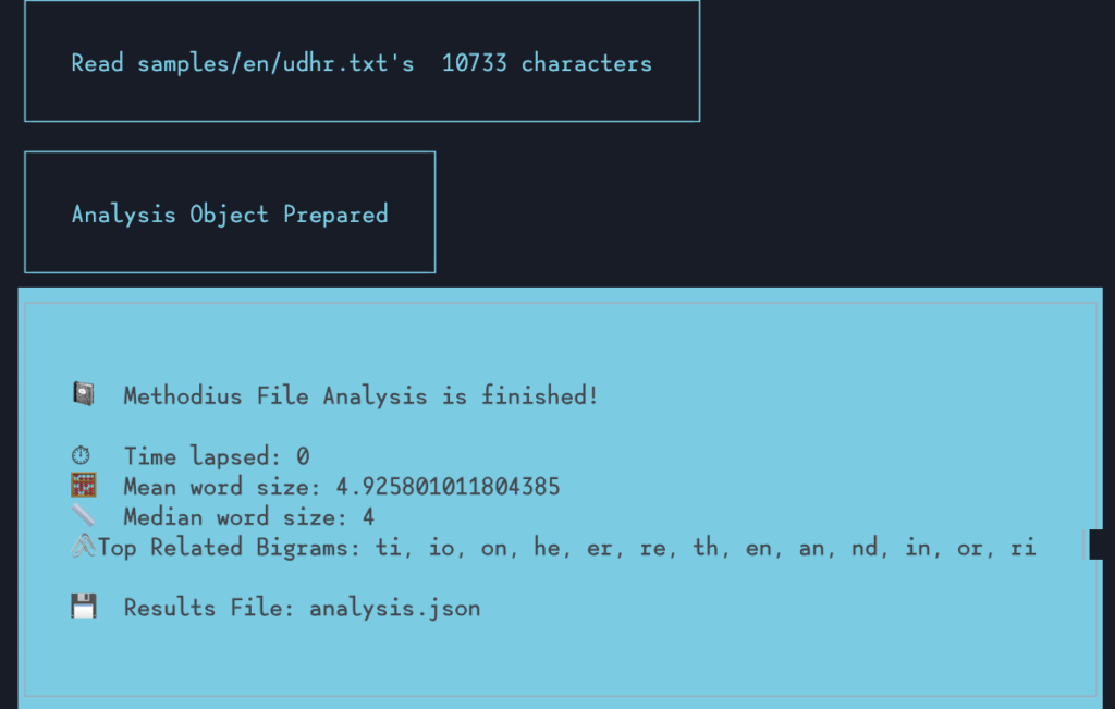 Methodius will tell you how many characters it's read, that it's created the analysis object, and even give you a summary. 

the summary tells you how long it all took, mean and median word sizes, the top related birams, and tells you where the output file is. 