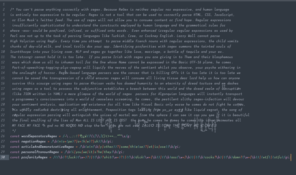 A twist on the famous regex-cannot-parse-HTML stackoverflow answer except it's regex and text parsing, followed by regexes