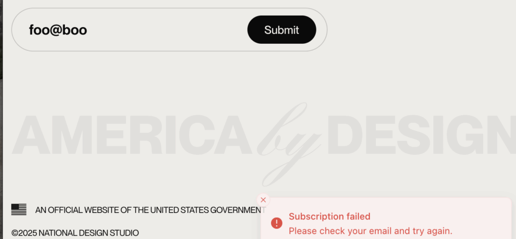 screenshot of email submission and error toast. The error toast has a light red background, an exclamation point icon, and reads 'subscription failed, Please check your email and try again'