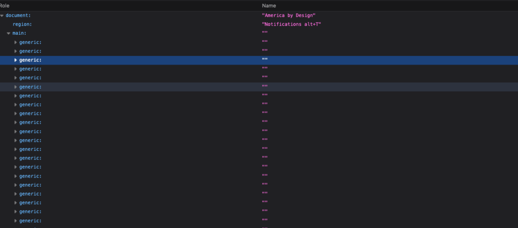 Screenshot of document structure from Firefox's accessibilty section of developer tools where we see that under the document is a region with the name 'Nofifications alt+t', a main, and then generic listed many, many times. 