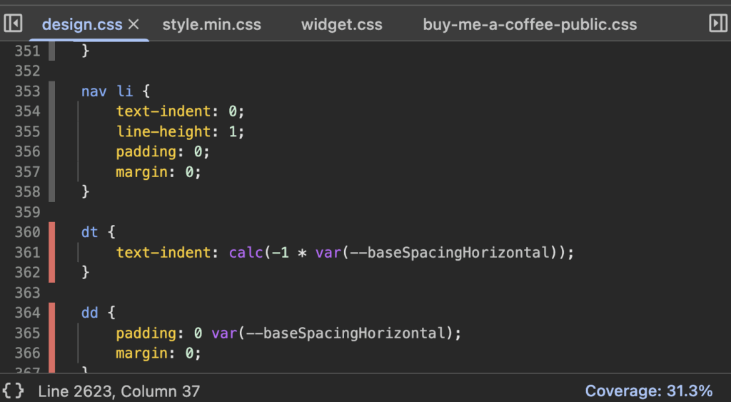 screenshot of design.css where we see red bars on the left next to rulesets to indicate they aren't being used